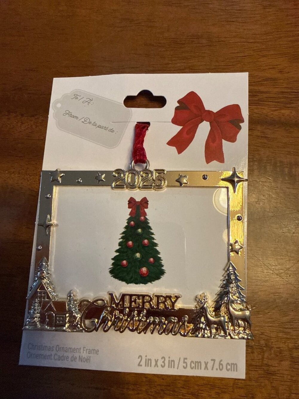 Christmas Ornament Frame Merry Christmas 2025 Gold With Red Ribbon 2"x3" Studio